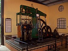 A small rotative beam engine, built in 1870 by Thomas Horn to a design by James Watt. The crank is visible at the front, the flywheel part-hidden by the engine. (Originally installed in a waterworks in Ashford, now operational and preserved at the Bredgar and Wormshill Light Railway.) Thomas Horn Beam Engine.JPG