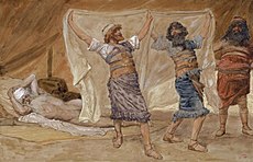 Noah's Drunkenness, painting by James Tissot (between 1896 and 1902), Jewish Museum (Manhattan, New York). The painting depicts Noah lying in his tent; Shem and Japheth are holding up the cloak with their back to Noah; Ham is standing to the side. Tissot Noah's Drunkenness.jpg