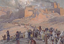 The Flight of the Prisoners by James Tissot showing Babylonian captivity, deportation and exile of the Jews of the ancient Kingdom of Judah to Babylon and the destruction of Jerusalem and Solomon's Temple, 586 BCE. Tissot The Flight of the Prisoners.jpg