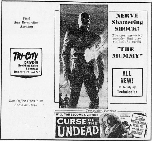 Drive-in advertisement from 1959 for The Mummy and co-feature, Curse of the Undead.