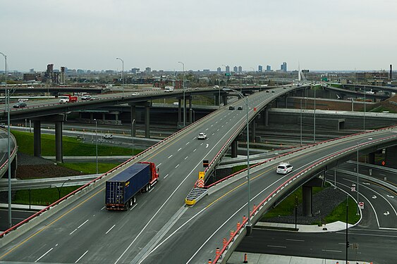 A truck on the autoroute Décarie, highway 15 bridge in Montreal, Quebec, Canada