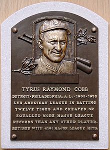 Cooperstown, site of the Baseball Hall of Fame where this plaque honoring Ty Cobb is displayed, lays claim to the title "Birthplace of Baseball." Ty Cobb HOF plaque.jpg