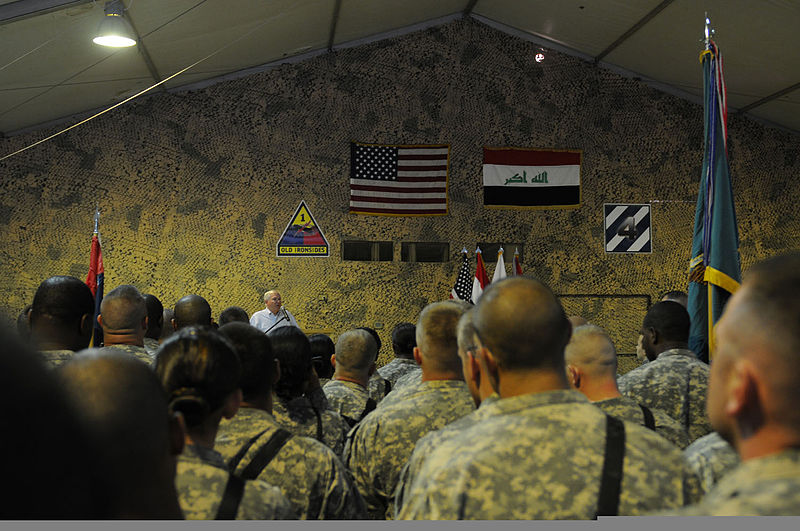 File:U.S. Soldiers with 4th Advise and Assist Brigade, 3rd Infantry Division, United States Division - Center listen to Secretary of Defense Robert M. Gates, center, speak Sept 100901-A-GQ146-015.jpg