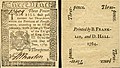 Quddiem u wara ta' nota tal-flus tal-karti 3d maħruġa mill-Provinċja ta' Pennsylvania u stampata minn Benjamin Franklin u David Hall fl-18 ta' Ġunju, 1764.