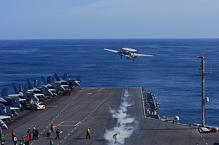 An E-2C Hawkeye takes off from the USS Theodore Roosevelt (CVN-71) in 2019