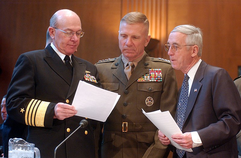 File:US Navy 040310-N-2568S-004 From left to right, Adm. Vern Clark,Chief of Naval Operations (CNO), Gen. Michael W. Hagee, Commandant of the Marine Corps, and the Honorable Gordon R. England, Secretary of the Navy, prepare their te.jpg