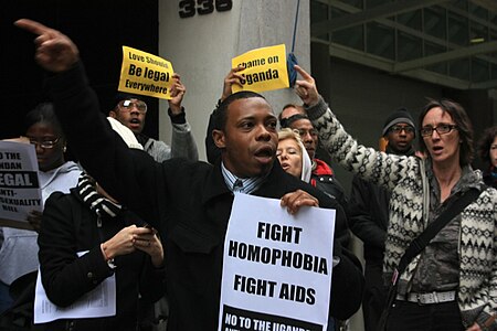 ACT UP protesters in New York City demonstrate against Uganda's controversial Anti-Homosexuality Bill.
