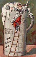 Postkarte mit Maßkrug und Beschriftung "Sauft Brüder sauft! Gruß vom Münchener Oktoberfest!" (Verlag Karl Stücker) — 1910 oder früher