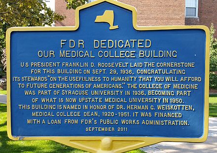 New York State historic marker at Upstate Medical University Upstate-FDR-marker.jpg