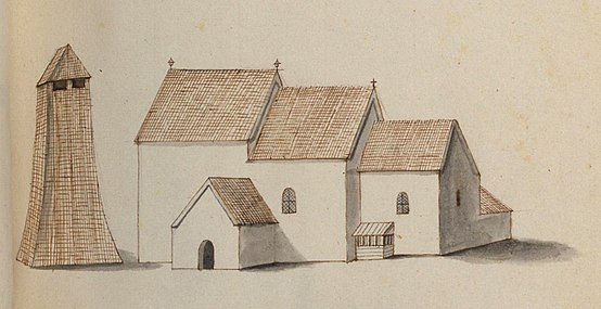 Den medeltida kyrkan på teckning omkring 1670. [3]