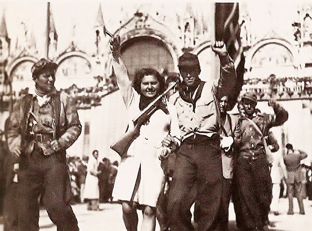 Italian partisans in Piazza San Marco in Venice during the days of liberation.