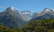 Mountains reach over 2500m in the northern parts of Fiordland View from Key Summit towards Lake Marian.jpg
