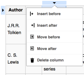 Screenshot showing a pop-up menu for column operations in a table