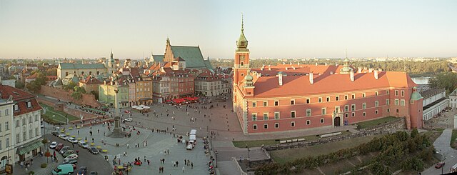 Castle Square with Sigismund's Column (left), Royal Castle (right) and Warsaw's Old Town and St. John's Cathedral (top)