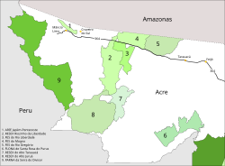 Parte occidental del estado de Acre en donde se muestra en la parte 6 el Bosque Nacional de Santa Rosa dos Purus