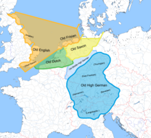 Extension des langues germaniques occidentales vers le début du VIe siècle ; les langues anglo-frisonnes sont en orange.