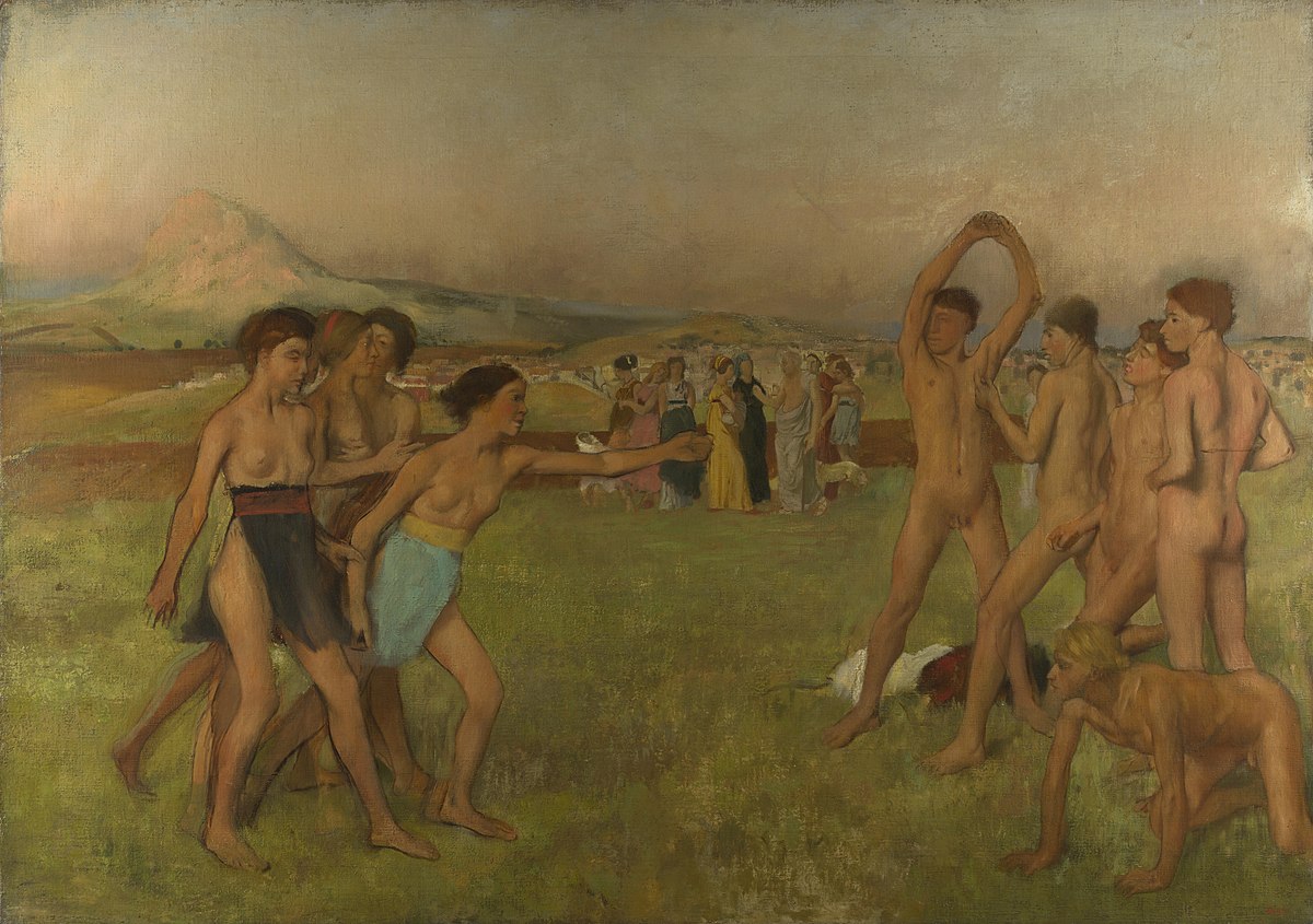 The work depicts two groups of male and female Spartan youth exercising and...