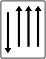 Zeichen 522-37 Fahrstreifentafel – mit Gegenverkehr – drei­streifig in Fahrtrichtung und einstreifig in Gegenrichtung; neues Zeichen