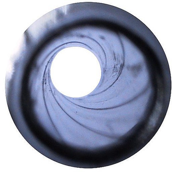 A .38 calibre gun barrel with its six-sided rifling, similar to the gun barrel shown in the movies