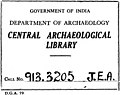 "GOVERNMENT OF INDIA DEPARTMENT OF ARCHAEOLOGY CENTRAL ARCHAEOLOGICAL LIBRARY" ink stamp detail, Journal of Egyptian Archaeology, The - Vol. 9 (page 1 crop).jpg