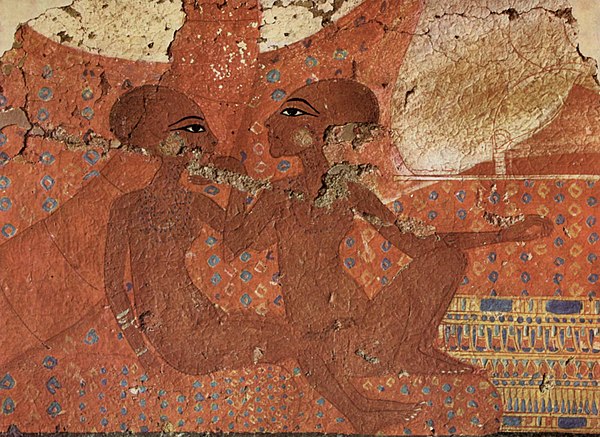 Neferneferure (left) and her elder sister Neferneferuaten Tasherit on a wall painting in the King's House at Amarna