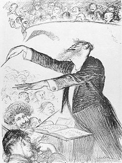 M. Edouard Colonne laissant échapper un pianissimo, dessin de Charles Léandre paru dans la rubrique « Les Tempêtes Sonores - Les Concerts du Châtelet » de la revue Le Rire en 1890.