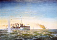 The battle of the destroyer Novik with the German destroyers V-99 and V-100 in the Gulf of Riga on 4 (17) August 1915. Artist G.V. Gorshkov Boi eskadrennogo minonostsa <<Novik>> s germanskimi esmintsami <<V-99>> i <<V-100>> v Rizhskom zalive 4 (17) avgusta 1915 g. Khudozhnik G.V. Gorshkov.jpg