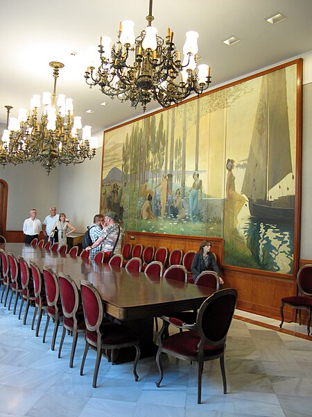 File:158 Casa Alegre de Sagrera (Terrassa), menjador, amb plafó mural d'Alexandre de Riquer.JPG