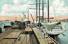 1912 - San Pedro, CA - 4 masted schooner Carrier Dove, dockside, unloading her wares 1912 - San Pedro, CA - Four-masted lumber schooner Carrier Dove, dockside, unloading her wares..jpg