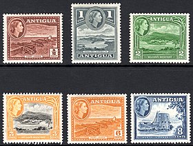 The Queen on 1953 Antiguan stamps 1953 Antigua stamps.jpg