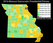 County results of the Missouri 2016 Democratic presidential primary.
Hillary Clinton
Bernie Sanders 2016MissouriDemocraticPresidentialPrimary.png