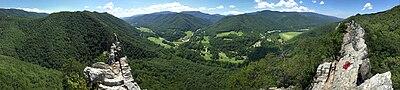 Thumbnail for File:2017-08-09 14 33 38 Panoramic view south, west and north from the North Peak of Seneca Rocks, in Seneca Rocks, Pendleton County, West Virginia.jpg