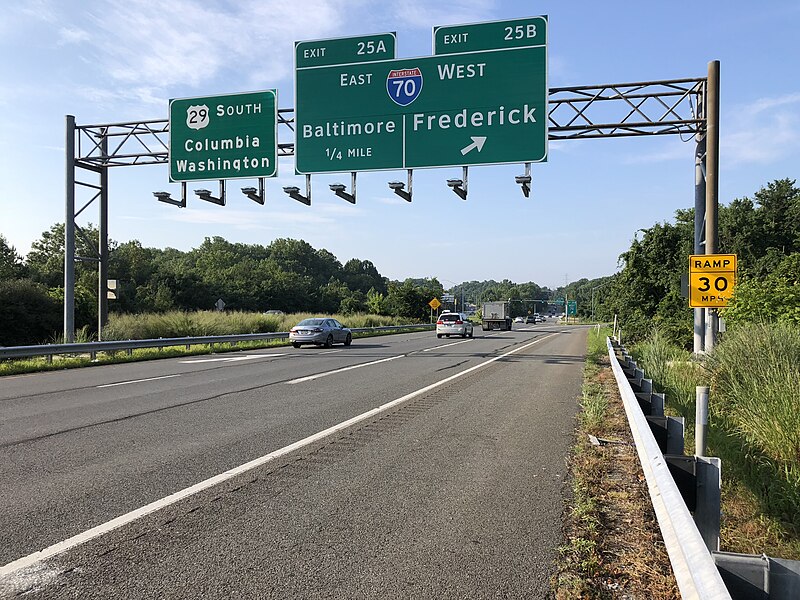 File:2019-08-07 08 31 08 View south along U.S. Route 29 (Columbia Pike) at Exit 25B (Interstate 70 WEST, Frederick) in Ellicott City, Howard County, Maryland.jpg