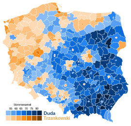 Karte der Wahlergebnisse nach Powiats