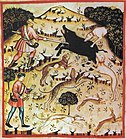 Description de l’image par souci d’accessibilité: Scène de chasse au 14th century: sur la pente d'une colline, un sanglier encadré de quatre chiens jappant est tué à l’épieu par un chasseur; à l’avant plan, un autre chasseur suit son chien qui poursuit deux lièvres.