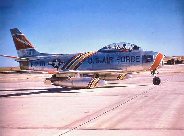 563d TFS F-86F, F Ser. No. 53-1111, about 1955. Note Wing Commander's markings on aircraft.