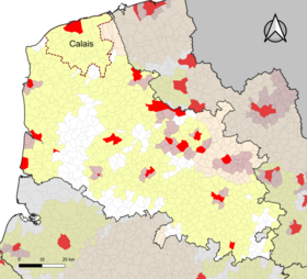 Localisation de l'aire d'attraction de Calais dans le département du Pas-de-Calais.