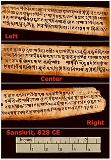 One of the oldest surviving Sanskrit manuscript pages in Gupta script (c. 828 CE), discovered in Nepal 828 CE Sanskrit manuscript page, Gupta script, Nepal, Paramesvaratantra (MS Add.1049.1).jpg