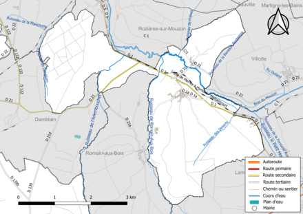 Carte en couleur présentant le réseau hydrographique de la commune