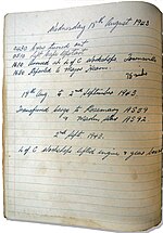 1943 extract from the logbook of the Australian Army's small ship 'Bremer' (AM81), which anchored at Cape on 17 August.