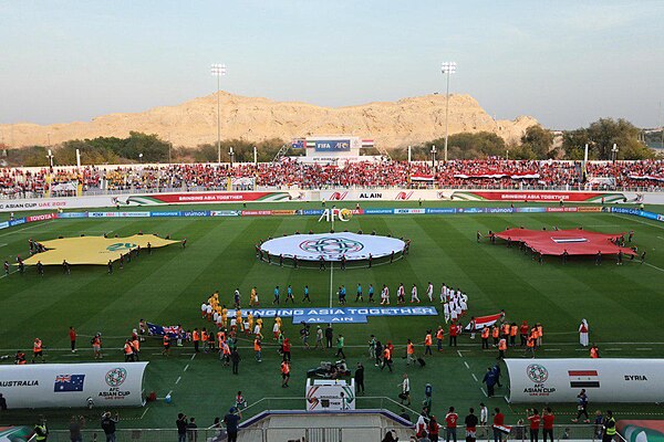 Match between Australia and Syria during the 2019 AFC Asian Cup, with Jabal An-Naqfah in the background