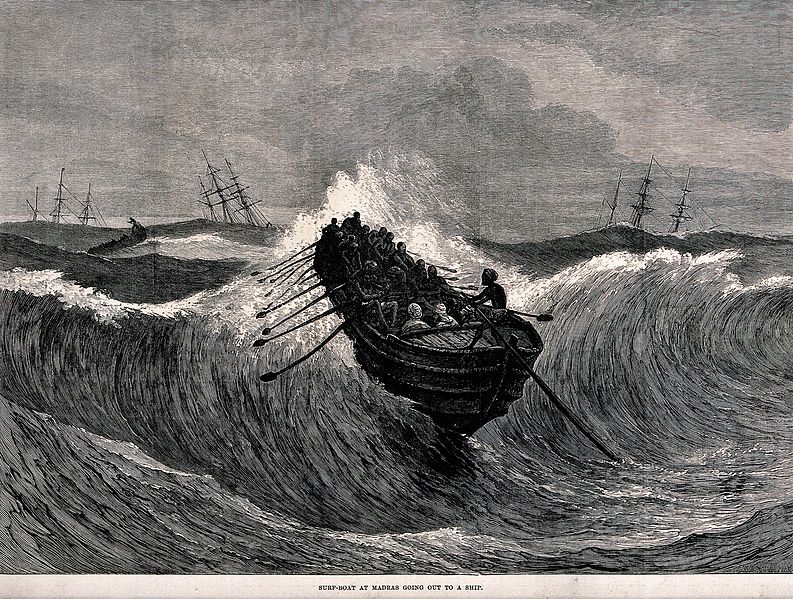 File:A rescue boat with many oarsmen is out on a stormy sea to he Wellcome V0039391.jpg