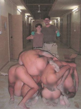 This photograph from Abu Ghraib released in 2006 shows a pyramid of abused Iraqi prisoners.
