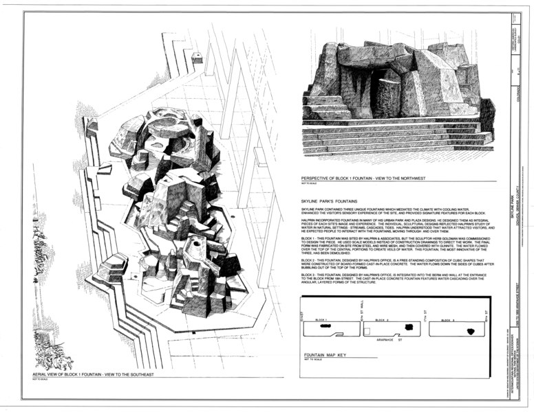 File:Aerial View of Block 1 Fountain, view to southeast, and Perspective view of Block 1 Fountain, view to the northwest - Skyline Park, 1500-1800 Arapaho Street, Denver, Denver HALS CO-1 (sheet 6 of 11).tif