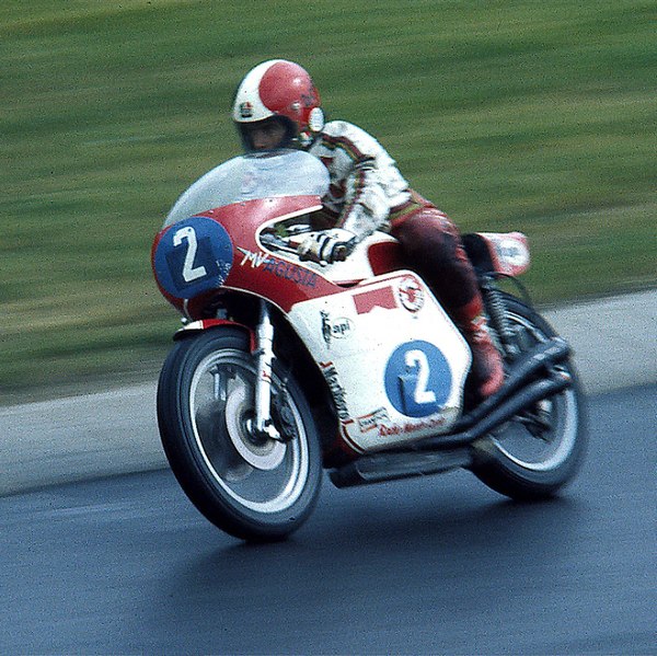 Agostini on the 350cc MV Agusta during practice for the 1976 German Grand Prix at the Nürburgring