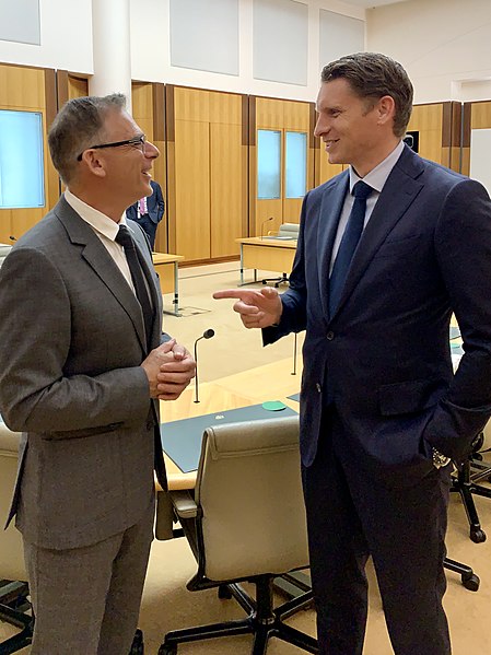 File:Andrew Hastie MP, Chair of the Parliamentary Joint Committee on Intelligence and Security with Deputy Chair Anthony Byrne MP in February 2020 photo taken by D Birch.jpg