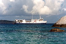 A liveaboard dive boat at anchor in the Virgin Islands Aquanaut Explorer, 1987.jpg