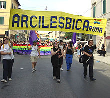 Italian lesbian organisation Arcilesbica at the National Italian Gay Pride march in Grosseto, Italy, in 2004 Arcilesbica - Striscione al Gay Pride nazionale di Grosseto (2004).jpg
