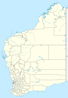 Mapa konturowa Australii Zachodniej, na dole po lewej znajduje się punkt z opisem „Archikatedra Najświętszej Maryi Panny, Perth, Australia”