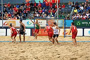 Deutsch: Beachhandball Europameisterschaften 2019 (Beach handball Euro); Tag 6: 7. Juli 2019 – Spiel um Platz Drei, Männer, Ungarn-Russland 2:0 (26:20, 23:22) English: Beach handball Euro; Day 6: 7 July 2019 – Men's Bronze Medal Match – Hungary-Russia 2:0 (26:20, 23:22)